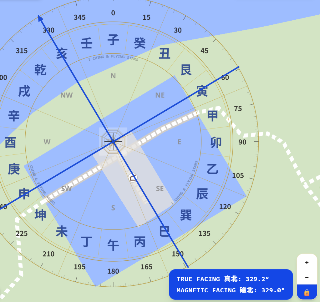 Sample output: satellite-map feng shui compass showing true and magnetic facing readings